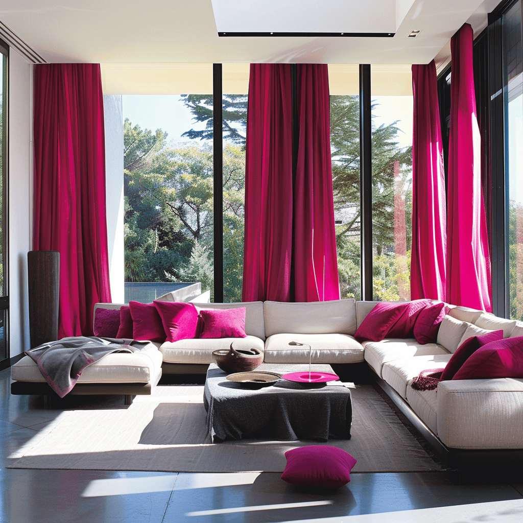 پارچه پرده ای 7 Vibrant fuchsia curtains drape floor to ceiling windows in a modern living room with crisp white walls creating a bold and energetic atmosphere2