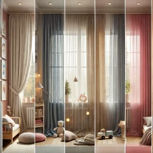 DALL·E 2025 05 13 00.37.22 A clear high quality composite image of childrens room curtains made from different fabrics cotton linen velvet chiffon and polyester. The curt